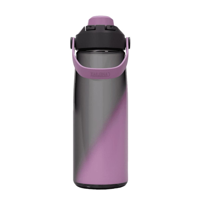 A drink bottle in a gradient design featuring purple and black colours, with a flip-top lid and carry handle.