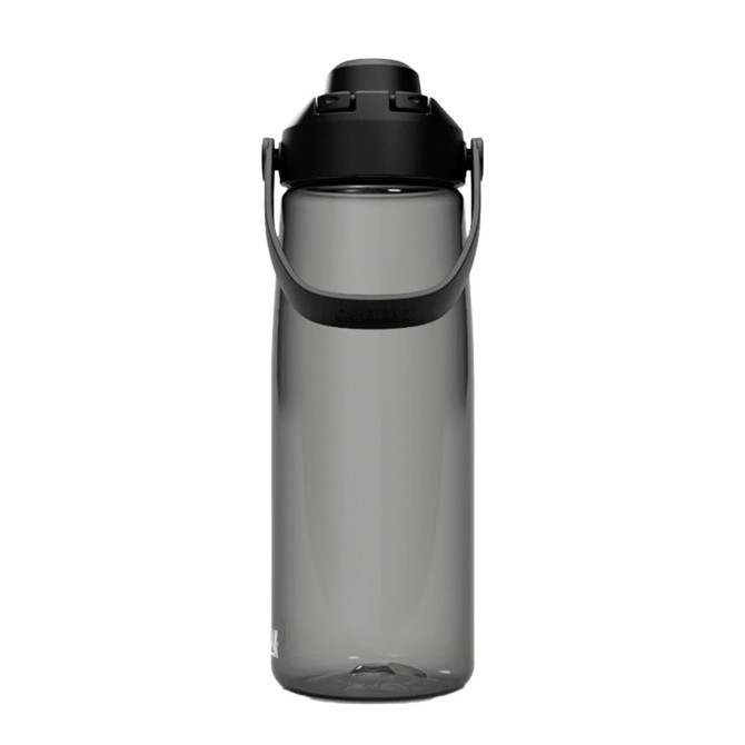 A drink bottle in a smoky grey colour with a black lid and handle, featuring a logo on the side.