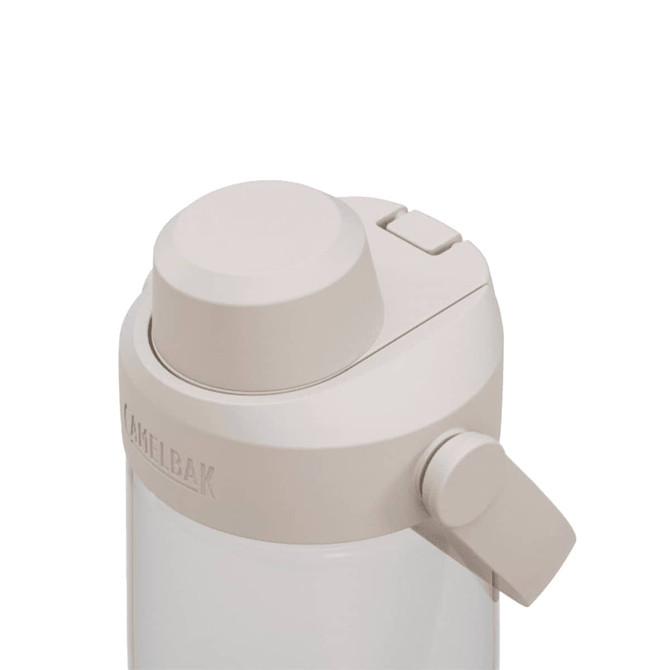 A drink bottle in a light beige colour with a screw lid and a side handle. It features a logo.