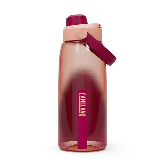 A drink bottle with a pink lid and a gradient body in shades of pink and burgundy, featuring a logo.