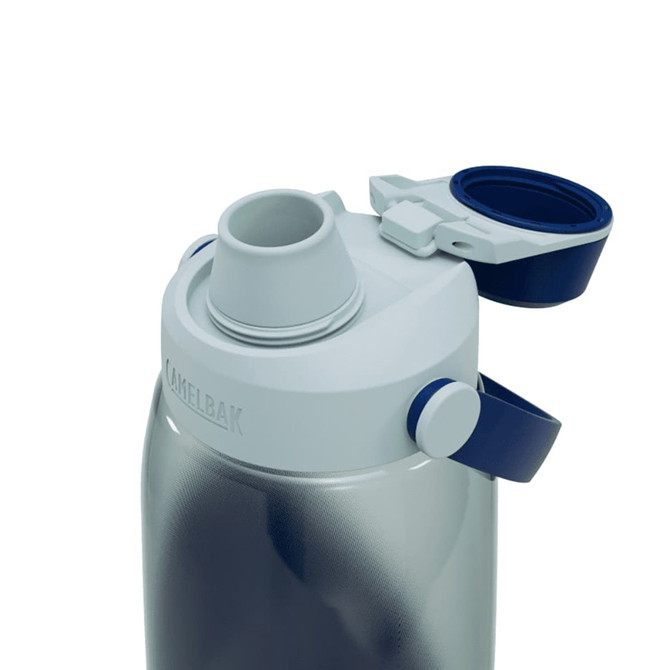 A drink bottle in grey and navy with a chug-style spout and a secure lid, featuring a branding logo.