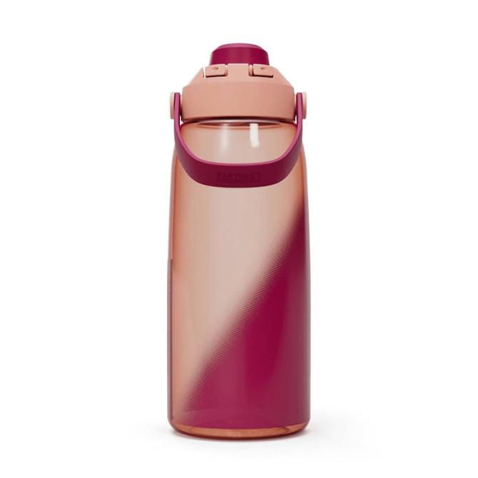 A drink bottle with a gradient design in pink and burgundy, featuring a handle and a matching lid. It has a logo.
