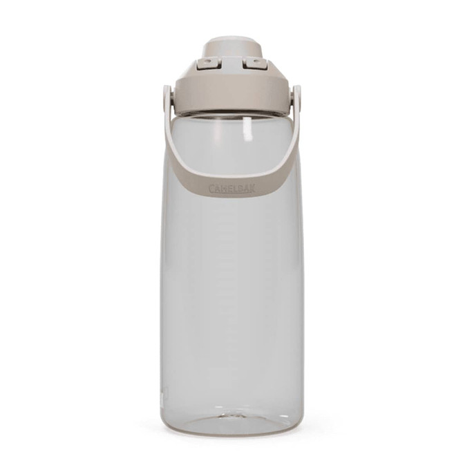 A drink bottle in a clear design with a light grey lid and handle, featuring branding on the bottle.