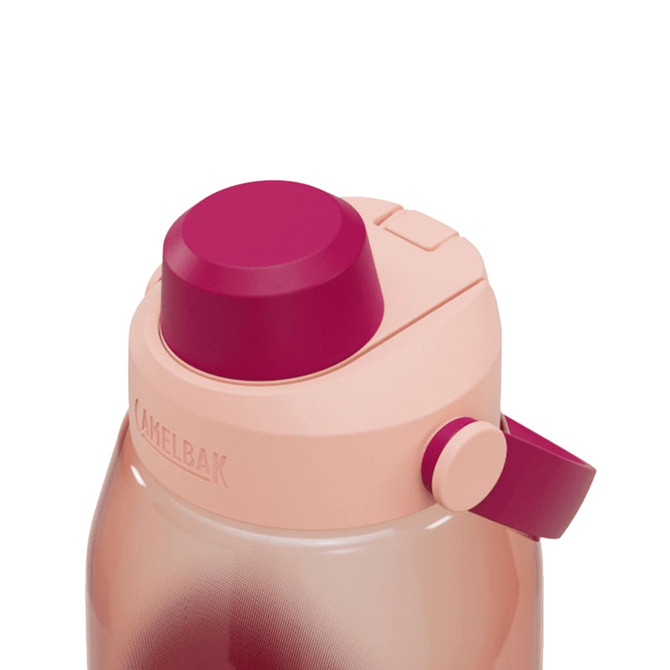 A drink bottle with a pink and peach design, featuring a secure lid and a logo on the top.