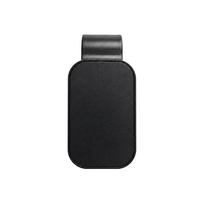 A black visor glasses holder with a sleek, rounded rectangular design and an attachment clip at the top.