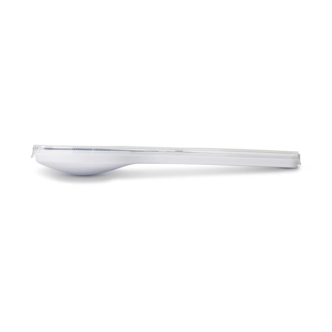 A white Juniper cutlery set spoon with a sleek design, featuring a branded logo.