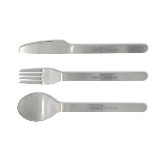 A stainless steel cutlery set featuring a knife, fork, and spoon with a logo.