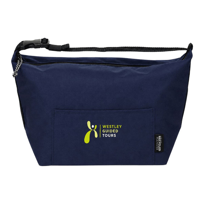 A navy blue cooler bag with a zipper, featuring a front pocket and a logo. Made from recycled materials.
