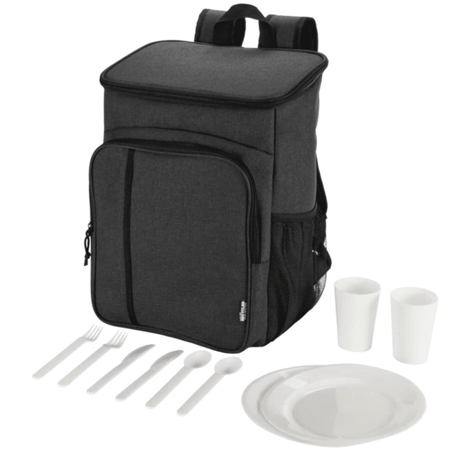 A black picnic cooler backpack with cutlery set, including plates, cups, forks, and spoons. It has a logo.