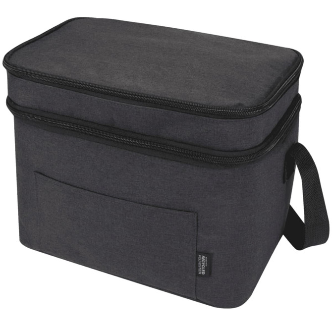 A grey double compartment cooler bag with a zip closure and a side handle. It features a front pocket and has branding.