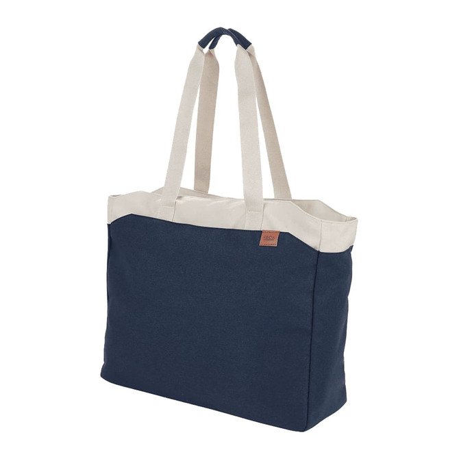 A navy blue tote bag with cream handles and a logo. Designed for carrying a computer and other essentials.