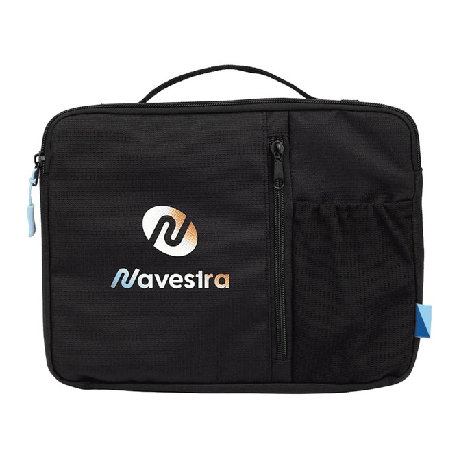 A black organiser case with a front zip pocket and a branding logo on the front. It features a top handle for easy carrying.