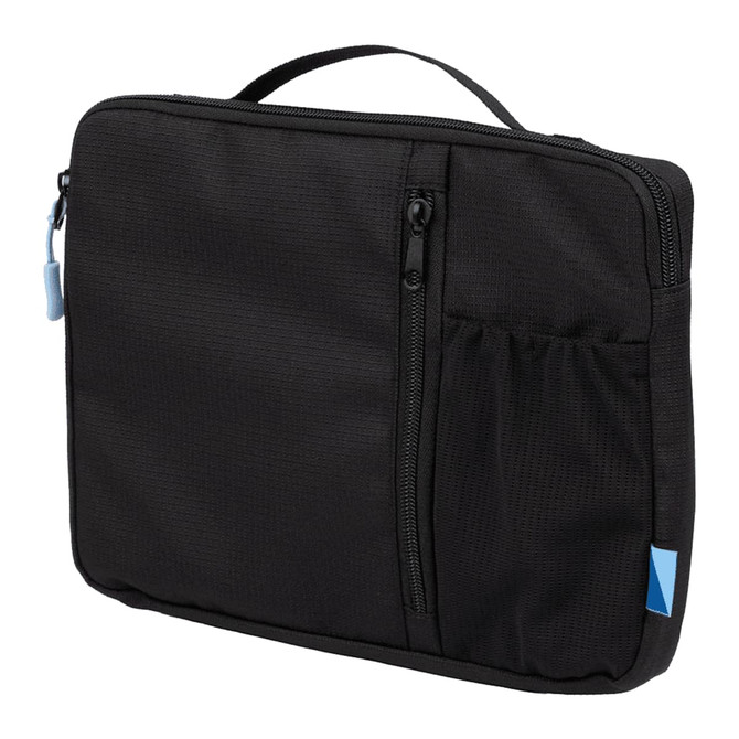 A black organiser case with a zip closure and an external pocket, featuring a handle and a small logo.