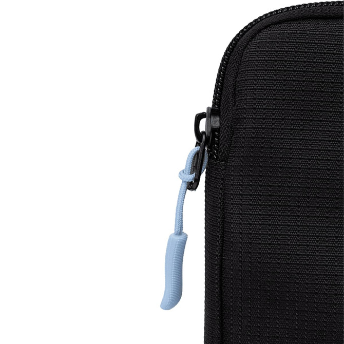A black organiser case featuring a blue zipper pull and textured fabric, designed for miscellaneous bag storage.