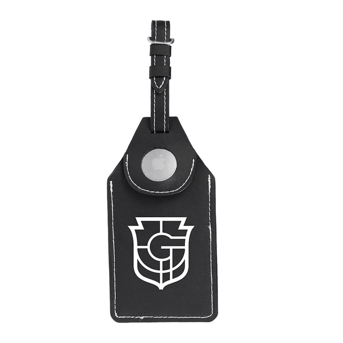 A black luggage tag featuring a holder for an AirTag, with contrasting white stitching and a logo.