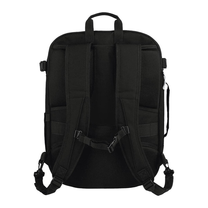 A black travel backpack featuring padded straps and multiple compartments. It has a branding logo visible.