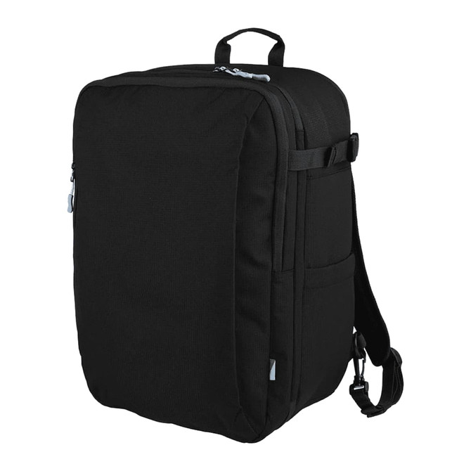 A black travel backpack featuring a sleek design, adjustable straps, and a logo on the front.