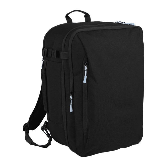 A black travel backpack with multiple zippered compartments and adjustable straps, featuring a branding logo.