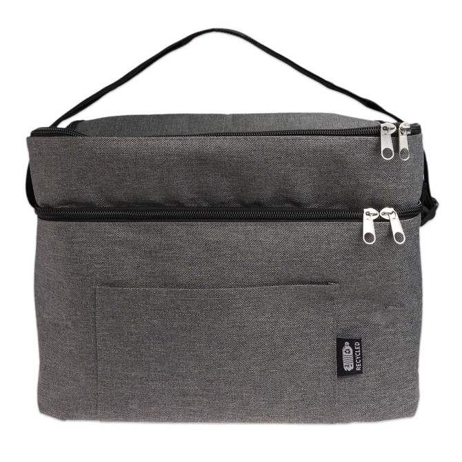 A grey zippered bag with a handle, featuring a front pocket and a logo on the side.