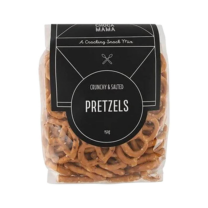 A clear bag of crunchy and salted pretzels in a brown and black packaging, featuring a logo.