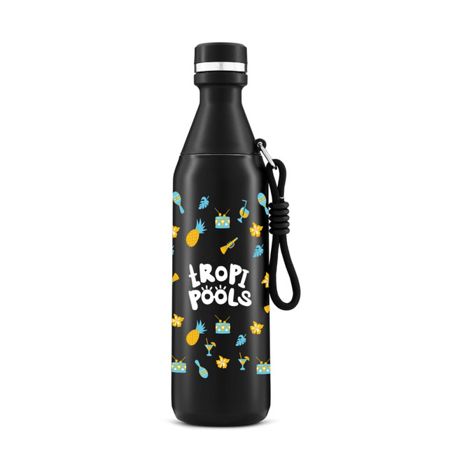 A drink bottle in black featuring a playful pattern of pineapples and tropical drinks, with a black strap and silver cap.