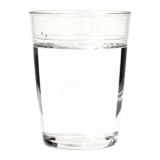 A clear Tritan carry cup filled with water, featuring a simple design and no visible branding.
