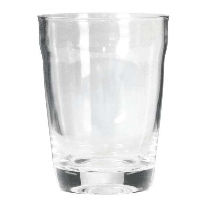A glass carry cup in clear glass, featuring a rounded design and a smooth finish.