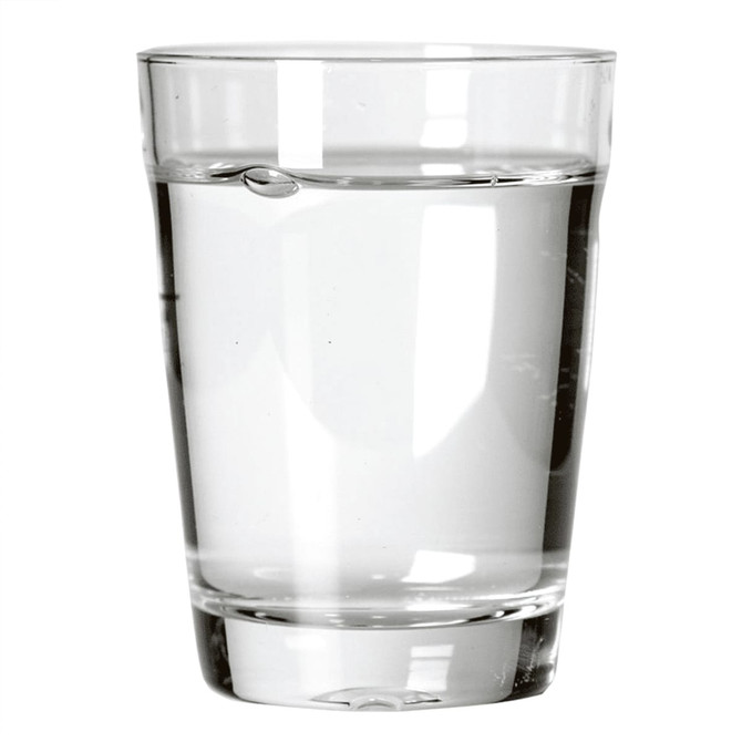 A glass carry cup filled with clear water, featuring a sleek, transparent design and a smooth rim.