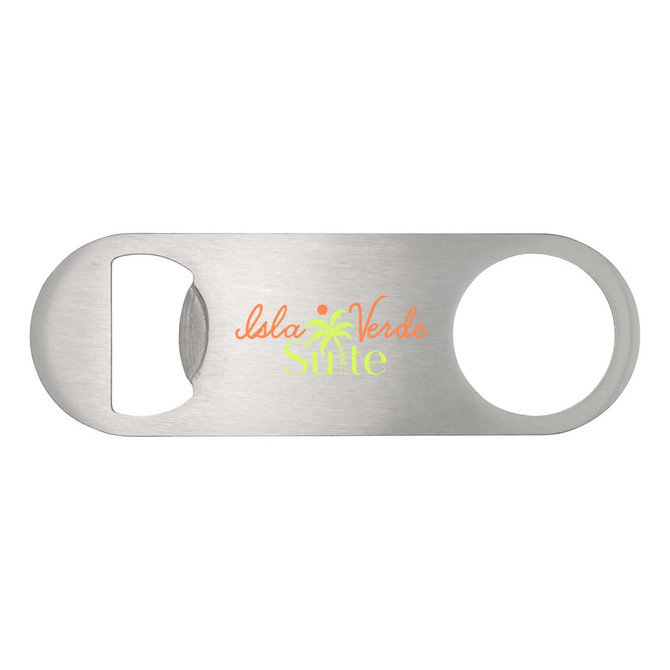 A stainless steel bottle opener with a circular hole and a logo printed on it.