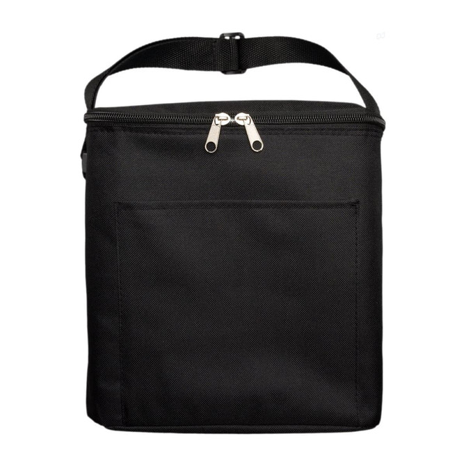 A black insulated lunch bag with a zip closure and adjustable strap, featuring a front pocket.
