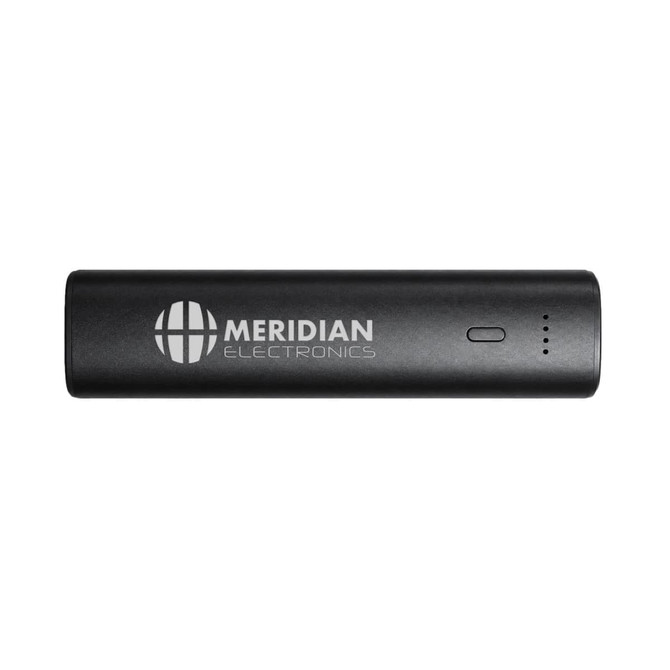 A black power bank with a logo and indicator lights, designed for charging devices on the go.