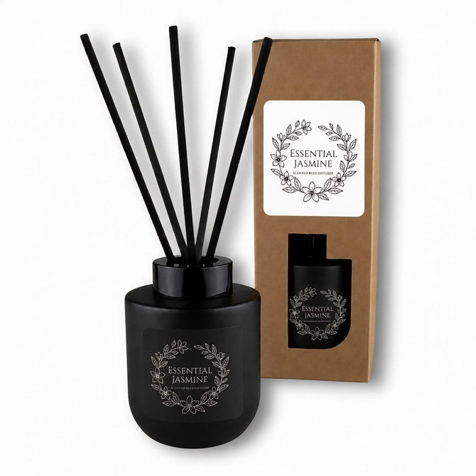 A black botanical reed diffuser with essential jasmine scent, featuring black reeds and a decorative box.