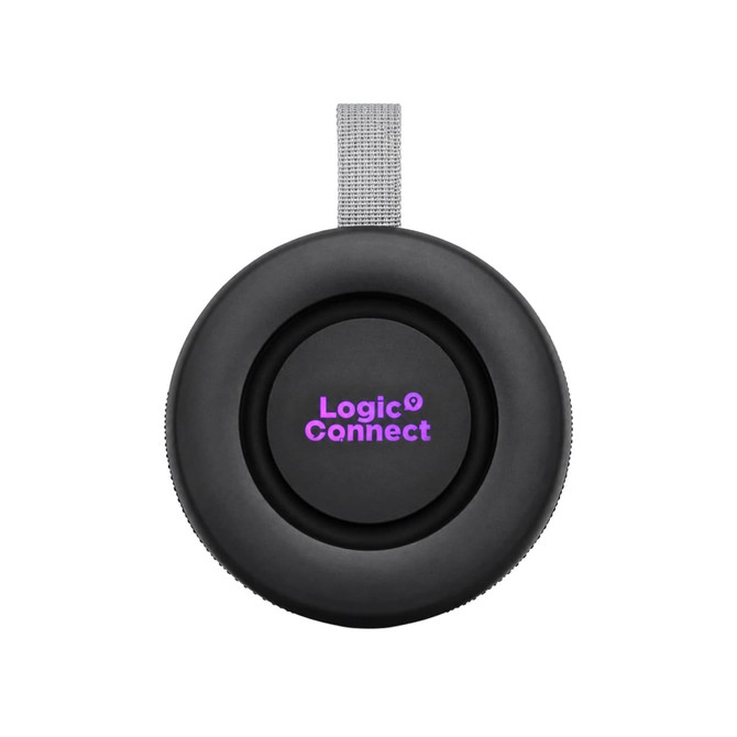 A round black speaker with a grey strap and a logo in purple.