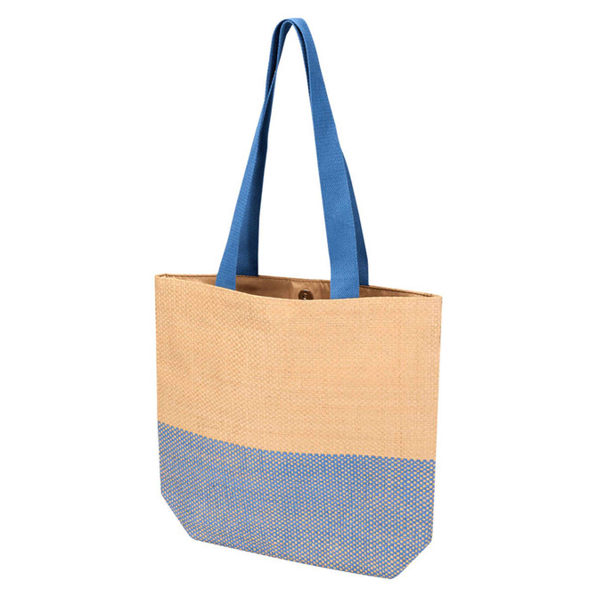A tote bag in beige with a blue bottom section and blue handles, featuring a logo on the side.