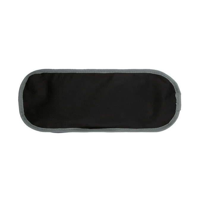 A black and grey zippered pouch with an oval shape and no visible branding.