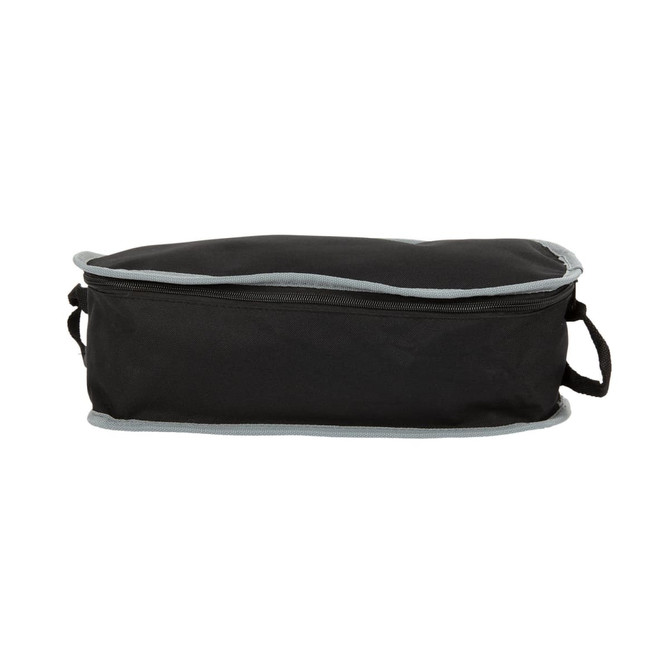 A black travel pack with grey trim, featuring a zip closure and side handles for easy carrying.