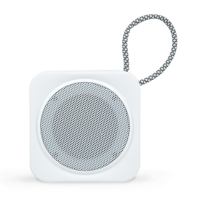 A white portable speaker with a round mesh grille and a fabric strap. The design is minimalist and compact.