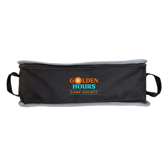 A black and grey rectangular storage pack with two handles and a logo on the front.