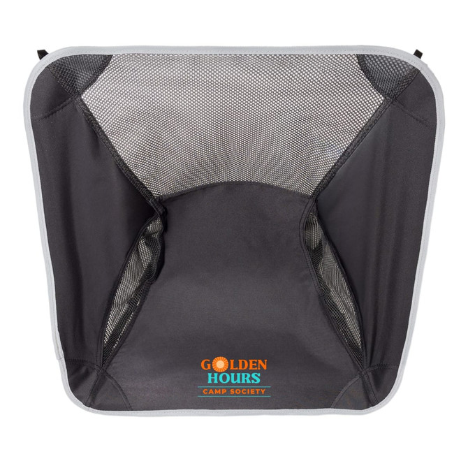 A collapsible camp chair in dark grey with mesh sides and a prominent logo at the centre.