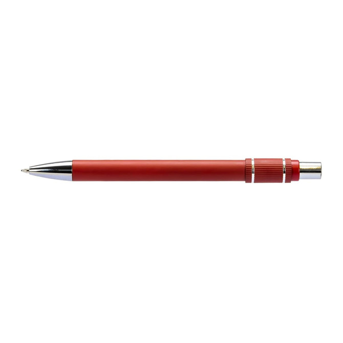 A red metal pen with a shiny silver clip and accents, featuring a logo.