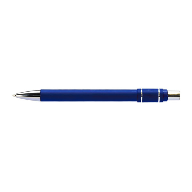A blue metal pen with silver accents and a textured grip, featuring a logo on the side.