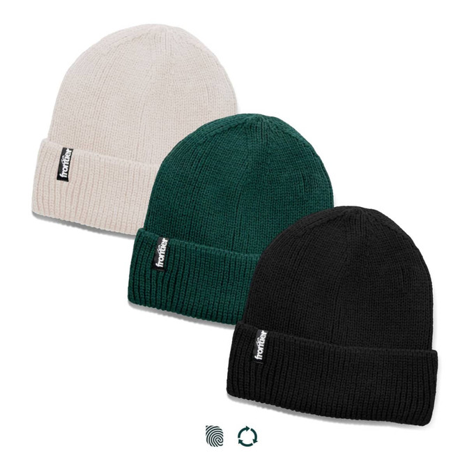 Three beanies in cream, green, and black, featuring a logo on the front. Each has a ribbed design.