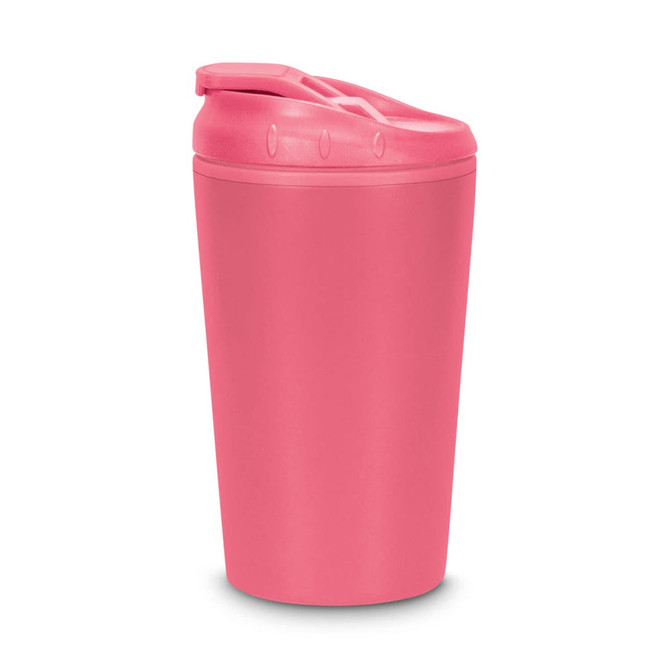 A pink coffee cup with a lid and a smooth finish, featuring a logo on the side.