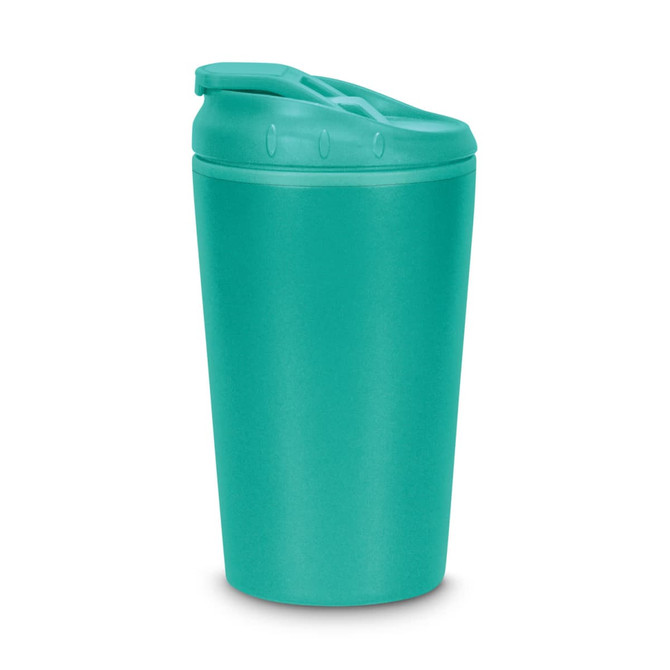 A teal coffee cup with a lid and a curved design, featuring a branding logo.