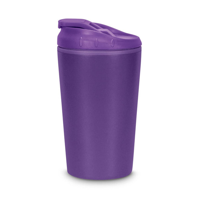 A purple coffee cup featuring a lid, with a smooth exterior and a simple, modern design.