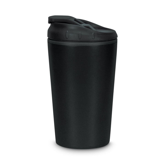 A black coffee cup with a lid and a sleek design, featuring a logo on the side.