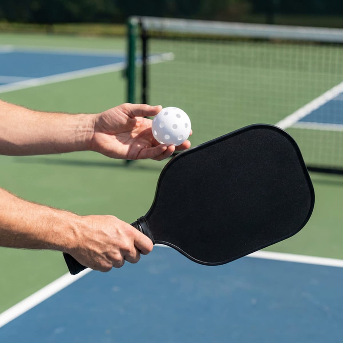 A black pickleball paddle held in a hand, alongside a white perforated pickleball, on a court with nets in the background.