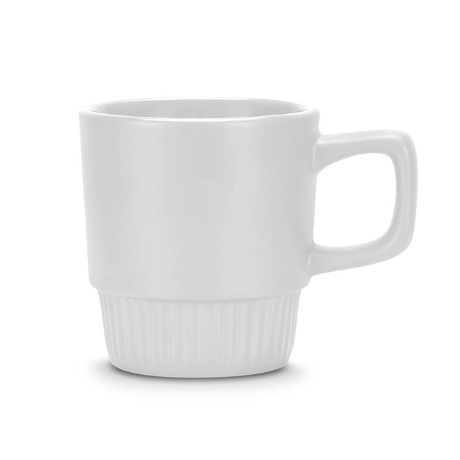 A stackable coffee mug in white ceramic with a textured base and a simple handle. It has a logo on the side.