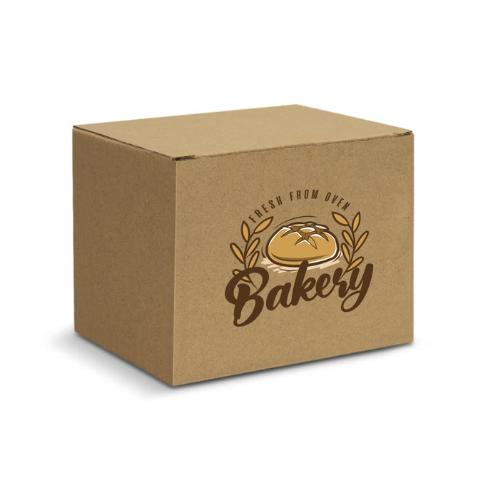 A cardboard box featuring a bakery design, with a pie illustration and printed text in brown.
