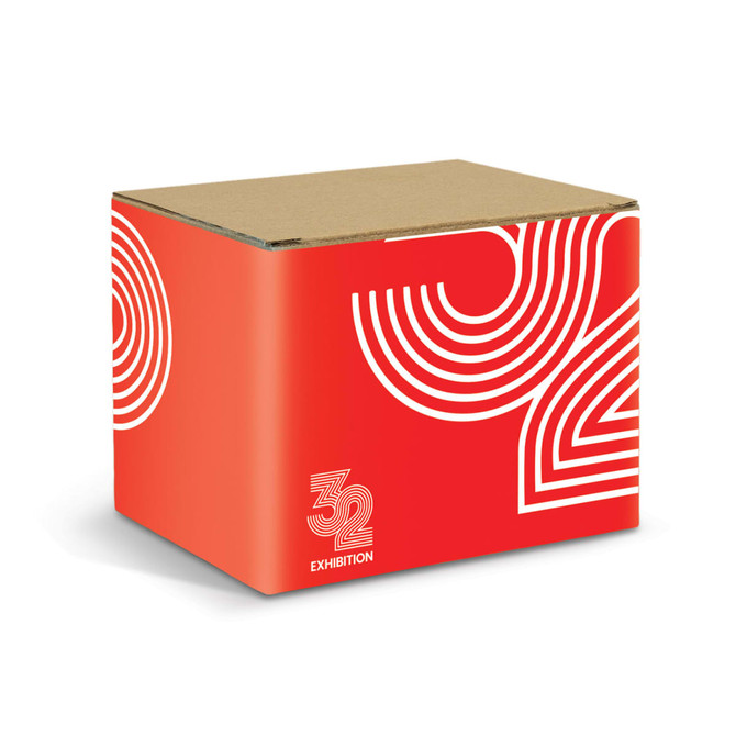 A cardboard box featuring a bold red design with white abstract patterns and a logo.